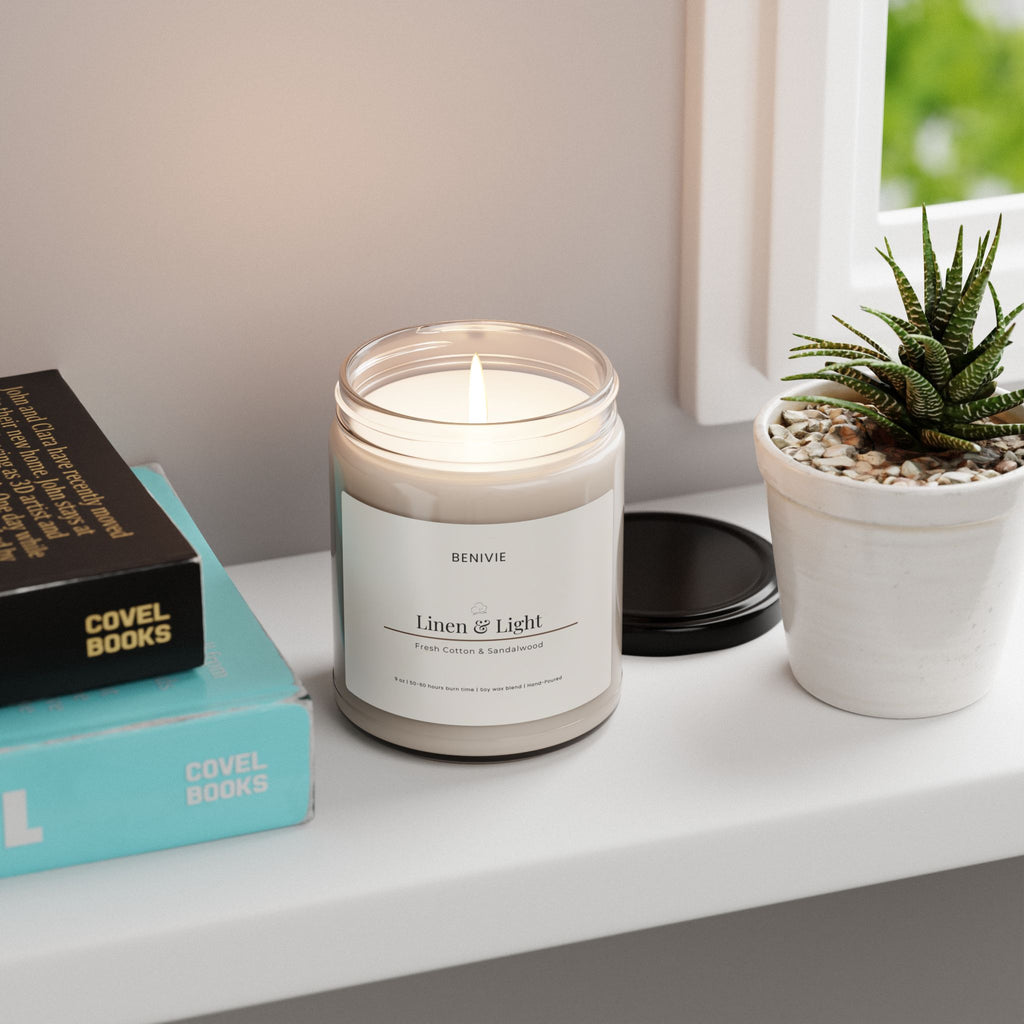 Linen & Light Candle | Fresh Cotton & Sandalwood | Benivie