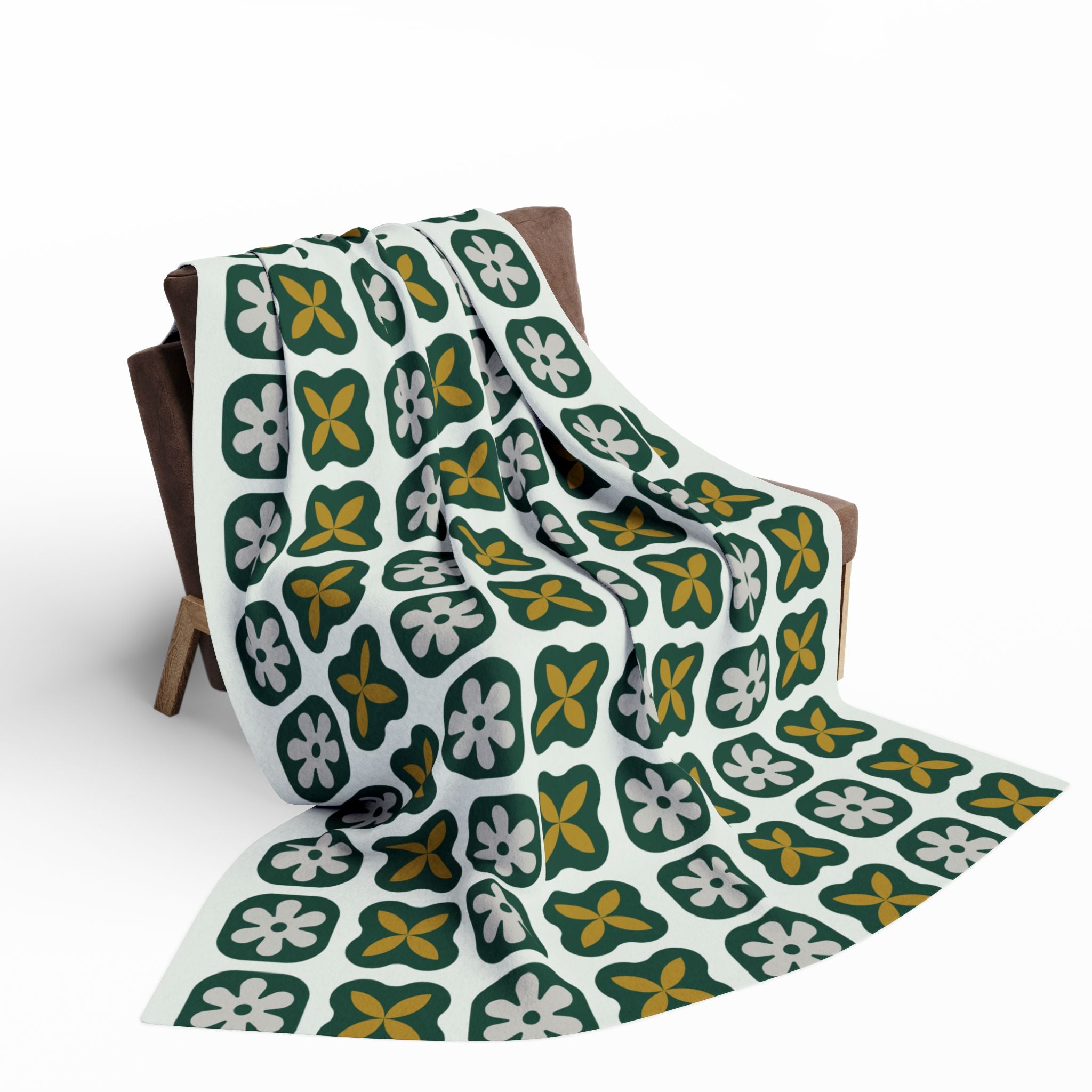 Green Retro Tile Fleece Blanket – Cozy Mid-Century Geometric Throw