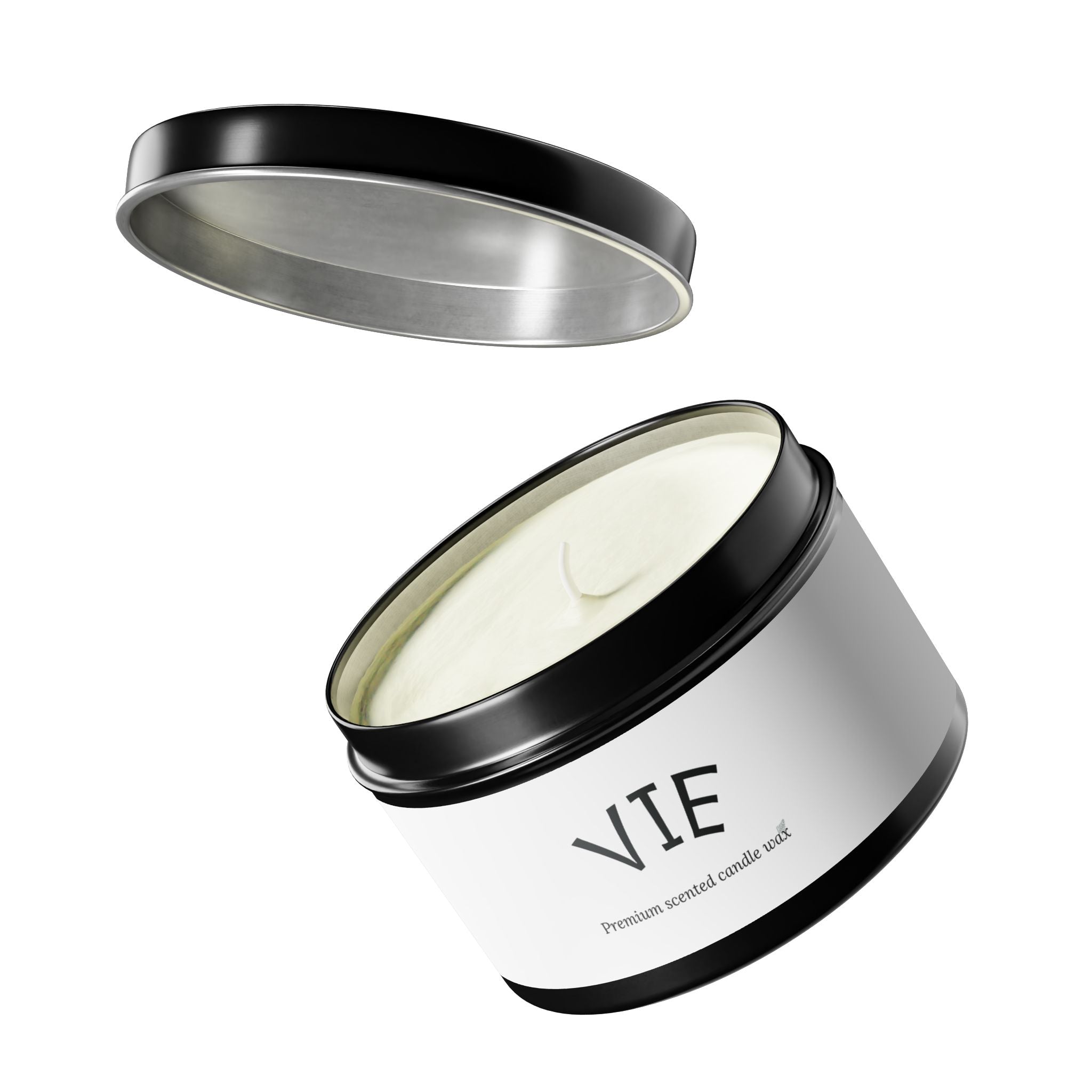 Candle jar with lid open, displaying 'VIE' branding on a white background