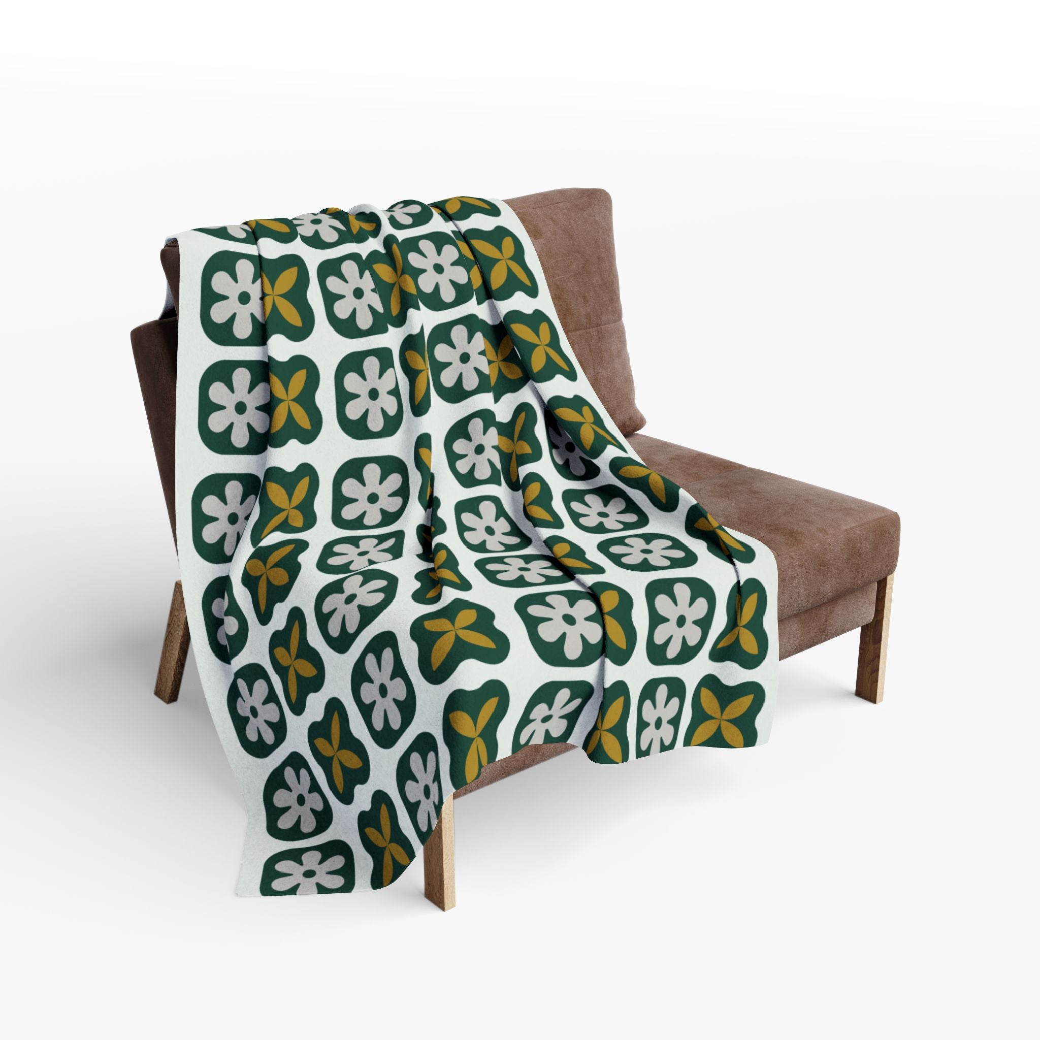 Green Retro Tile Fleece Blanket – Cozy Mid-Century Geometric Throw